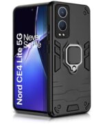 Shock Proof Back Case Mobile Cover for 1+ OnePlus Nord CE 4 Lite 5G | Back Cover Case (Tough Armor | Hybrid PC + TPU | Ring Holder & in-Built Kickstand | Black)
