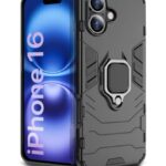 Shock Proof Back Case Mobile Cover for iPhone 16 | Back Cover Case (Tough Armor | Hybrid PC + TPU | Ring Holder & inBuilt Kickstand | Black)