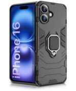 Shock Proof Back Case Mobile Cover for iPhone 16 | Back Cover Case (Tough Armor | Hybrid PC + TPU | Ring Holder & inBuilt Kickstand | Black)
