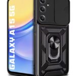 Tough Armor Bumper Mobile Back Case for Samsung Galaxy A15 5G | Sliding Camera Shield Cover | Shock Proof 360? Protection | Hybrid PC + TPU | Ring Holder with Kickstand ? Black