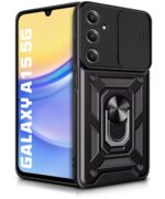 Tough Armor Bumper Mobile Back Case for Samsung Galaxy A15 5G | Sliding Camera Shield Cover | Shock Proof 360? Protection | Hybrid PC + TPU | Ring Holder with Kickstand ? Black