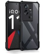 Polycarbonate Shock Proof Clear Protective Back Case for Iqoo 11 5G - Airedge Technology | 360 Degree Camera Protection | Transparent Hybrid Back Case Mobile Cover for Iqoo 11 5G - Black