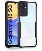 kelpuj Shock Proof Clear Protective Back Case for Samsung Galaxy A15 5G - AirEDGE Technology | 360 Degree Camera Protection | Transparent Hybrid Back Case Mobile Cover - Black
