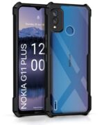 Shock Proof Clear Back Case Mobile Cover for Nokia G11 Plus (Hard | Hybrid PC + TPU | Full Armour Device & Camera Protection | Black)