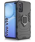 Shock Proof Back Case Mobile Cover for Vivo V19 | Back Cover Case (Tough Armor | Hybrid PC + TPU | Ring Holder & in-Built Kickstand | Black)
