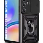 Tough Armor Bumper Mobile Back Case for Samsung Galaxy A05S 5G | Galaxy M14 4G | Sliding Camera Shield Cover | Shockproof 360? Protection | Hybrid PC + TPU | Ring Holder with Stand ? Black