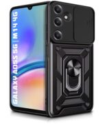 Tough Armor Bumper Mobile Back Case for Samsung Galaxy A05S 5G | Galaxy M14 4G | Sliding Camera Shield Cover | Shockproof 360? Protection | Hybrid PC + TPU | Ring Holder with Stand ? Black