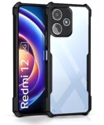 kelpuj Shock Proof Clear Polycarbonate Protective Back Case for Mi Redmi 12 5G|Poco M6 Pro 5G - Airedge Technology|360 Degree Camera Protection|Transparent Hybrid Back Case Mobile Cover - Black