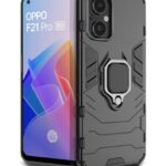 Polycarbonate Oppo F21 Pro 5G Tough Armor Bumper Back Case Cover for Mobile | Ring Holder & Kickstand in-Built | Excellent 360 Degree Protection (Carbon Black)