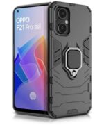 Polycarbonate Oppo F21 Pro 5G Tough Armor Bumper Back Case Cover for Mobile | Ring Holder & Kickstand in-Built | Excellent 360 Degree Protection (Carbon Black)