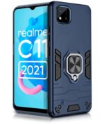 Realme C11 2021 | C20 Tough Armor Bumper Back Case Cover | Ring Holder & Kickstand in-Built | Excellent 360 Degree Protection (Carbon Blue)