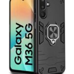 Shock Proof Back Case Mobile Cover for Samsung Galaxy M36 5G | Samsung Galaxy F36 5G | Back Cover Case (Tough Armor | Hybrid PC + TPU | Ring Holder & in-Built Kickstand | Black)