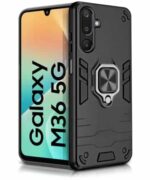 Shock Proof Back Case Mobile Cover for Samsung Galaxy M36 5G | Samsung Galaxy F36 5G | Back Cover Case (Tough Armor | Hybrid PC + TPU | Ring Holder & in-Built Kickstand | Black)