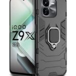 Shock Proof Back Case Mobile Cover for iQOO Z9x 5G (Tough Armor | Hybrid PC + TPU | Full Protection with Ring Holder & in-Built Kickstand | Black)