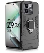Shock Proof Back Case Mobile Cover for iQOO Z9x 5G (Tough Armor | Hybrid PC + TPU | Full Protection with Ring Holder & in-Built Kickstand | Black)