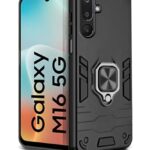Shock Proof Back Case Mobile Cover for Samsung Galaxy M16 5G | Galaxy F16 5G | Back Cover Case (Tough Armor | Hybrid PC + TPU | Ring Holder & in-Built Kickstand | Black)