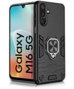 Shock Proof Back Case Mobile Cover for Samsung Galaxy M16 5G | Galaxy F16 5G | Back Cover Case (Tough Armor | Hybrid PC + TPU | Ring Holder & in-Built Kickstand | Black)