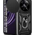 Tough Armor Bumper Mobile Back Case for Realme 13 5G | Realme 12 5G | 12X 5G | Narzo 70x 5G | C65 5G | N65 | Sliding Camera Shield Cover | Hybrid PC + TPU | Ring Holder with Stand ? Black