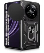 Tough Armor Bumper Mobile Back Case for Realme 13 5G | Realme 12 5G | 12X 5G | Narzo 70x 5G | C65 5G | N65 | Sliding Camera Shield Cover | Hybrid PC + TPU | Ring Holder with Stand ? Black