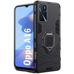 Tough Armor Back Case Mobile Cover for Oppo A16 (Armored | Hybrid PC & TPU | Shock Proof 360 Degree Protection with Ring Holder Kickstand | Carbon Black)