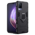Shock Proof Back Case Mobile Cover for Vivo V21 5G | Back Cover Case (Tough Armor | Hybrid PC + TPU | Ring Holder & in-Built Kickstand | Black)