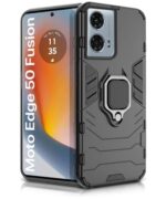 kelpuj Shock Proof Back Case Mobile Cover for Motorola Moto Edge 50 Fusion 5G | Moto Edge G96 Fusion 5G Back Cover Case (Tough Armor | Hybrid PC + TPU | Ring Holder & in-Built Kickstand | Black)