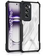 kelpuj Shock Proof Clear Protective Back Case for Oppo Reno 12 Pro 5G - AirEDGE Technology | 360 Degree Camera Protection | Transparent Hybrid Back Case Mobile Cover - Black