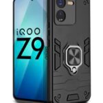 Shock Proof Back Case Mobile Cover for iQOO Z9 5G | Back Cover Case (Tough Armor | Hybrid PC + TPU | Ring Holder & in-Built Kickstand | Black)