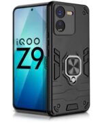 Shock Proof Back Case Mobile Cover for iQOO Z9 5G | Back Cover Case (Tough Armor | Hybrid PC + TPU | Ring Holder & in-Built Kickstand | Black)