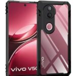 kelpuj Shock Proof Clear Protective Back Case for iQOO Z10R 5G | Vivo V50 5G | V50e 5G | V50 5G Elite Edition | 360 Degree Camera Protection | Transparent Hybrid Mobile Cover - Black