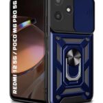 Tough Armor Bumper Mobile Back Case for Mi Redmi 12 5G | Poco M6 Pro 5G | Sliding Camera Shield Cover | Shock Proof 360? Protection | Hybrid PC + TPU | Ring Holder with Kickstand ? Blue