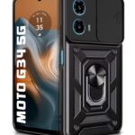 Tough Armor Bumper Mobile Back Case for Motorola Moto G34 5G | Moto G45 5G | Sliding Camera Shield Cover | Shockproof 360? Protection | Hybrid PC + TPU | Ring Holder with Kickstand ? Black