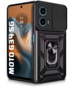 Tough Armor Bumper Mobile Back Case for Motorola Moto G34 5G | Moto G45 5G | Sliding Camera Shield Cover | Shockproof 360? Protection | Hybrid PC + TPU | Ring Holder with Kickstand ? Black