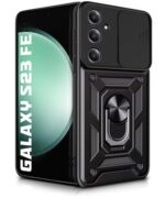 Tough Armor Bumper Mobile Back Case for Samsung Galaxy S23 FE 5G | Sliding Camera Shield Cover | Shock Proof 360? Protection | Hybrid PC + TPU | Ring Holder with Kickstand  Black