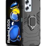 Shock Proof Back Case Mobile Cover for Redmi K50i 5G | Bumper Back Cover Case(Tough Armor | Hybrid PC + TPU | Full Protection with Ring Holder & in-Built Kickstand | Black)