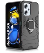 Shock Proof Back Case Mobile Cover for Redmi K50i 5G | Bumper Back Cover Case(Tough Armor | Hybrid PC + TPU | Full Protection with Ring Holder & in-Built Kickstand | Black)