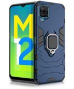 Shock Proof Back Case Mobile Cover for Samsung Galaxy F12 | A12 | M12 | Back Cover Case (Tough Armor | Hybrid PC + TPU | Ring Holder & in-Built Kickstand | Blue)