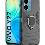 Shock Proof Back Case Mobile Cover for Vivo Y77 5G | Back Cover Case (Tough Armor | Hybrid PC + TPU | Ring Holder & in-Built Kickstand | Black)