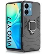 Shock Proof Back Case Mobile Cover for Vivo Y77 5G | Back Cover Case (Tough Armor | Hybrid PC + TPU | Ring Holder & in-Built Kickstand | Black)
