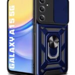 Tough Armor Bumper Mobile Back Case for Samsung Galaxy A15 5G | Sliding Camera Shield Cover | Shock Proof 360? Protection | Hybrid PC + TPU | Ring Holder with Kickstand ? Blue