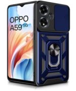 Tough Armor Bumper Mobile Back Case for Oppo A59 5G | Sliding Camera Shield Cover | Shock Proof 360? Protection | Hybrid PC + TPU | Ring Holder with Kickstand ? Blue
