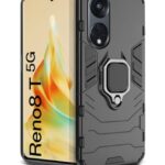 kelpuj Shock Proof Back Case Mobile Cover for Oppo Reno8 T | Reno 8T 5G | Back Cover Case (Tough Armor | Hybrid PC + TPU | Ring Holder & in-Built Kickstand | Black)