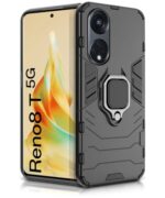kelpuj Shock Proof Back Case Mobile Cover for Oppo Reno8 T | Reno 8T 5G | Back Cover Case (Tough Armor | Hybrid PC + TPU | Ring Holder & in-Built Kickstand | Black)