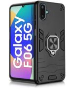 Shock Proof Back Case Mobile Cover for Samsung Galaxy M06 5G | Galaxy F06 5G | Back Cover Case (Tough Armor | Hybrid PC + TPU | Ring Holder & in-Built Kickstand | Black)