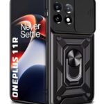 Tough Armor Bumper Mobile Back Case for 1+ OnePlus 11R 5G | Sliding Camera Shield Cover | Shock Proof 360? Protection | Hybrid PC + TPU | Ring Holder with Kickstand ? Black