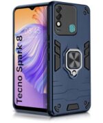 Shock Proof Back Case Mobile Cover for Tecno Spark 8 | Back Cover Case (Tough Armor | Hybrid PC + TPU | Ring Holder & in-Built Kickstand | Blue)