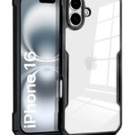 Shock Proof Clear Protective Back Case for iPhone 16 - AirEDGE Technology | 360 Degree Camera Protection | Transparent Hybrid Back Case Mobile Cover - Black