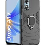 Shock Proof Back Case Mobile Cover for Oppo A17 | Back Cover Case (Tough Armor | Hybrid PC + TPU | Ring Holder & in-Built Kickstand | Black)