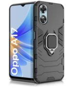 Shock Proof Back Case Mobile Cover for Oppo A17 | Back Cover Case (Tough Armor | Hybrid PC + TPU | Ring Holder & in-Built Kickstand | Black)