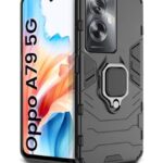kelpuj Shock Proof Back Case Mobile Cover for Oppo A79 5G | Back Cover Case (Tough Armor | Hybrid PC + TPU | Ring Holder & in-Built Kickstand | Black)